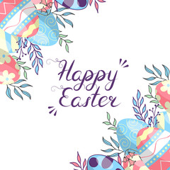 Hand drawn Happy Easter colorful corner frame border with eggs, branches and lettering. Cute watercolor floral holiday greeting card, invitation border.