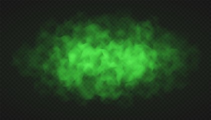 Green fog, bad smell or toxic smoke cloud isolated on transparent background. Realistic smog, haze, mist or cloudiness effect. Realistic vector illustration.