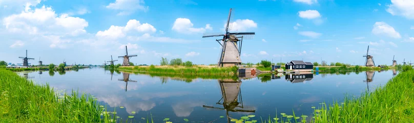 Poster Im Rahmen Panorama der Windmühlen und der Wasserspiegelung in Kinderdijk, einem UNESCO-Weltkulturerbe in Rotterdam, Niederlande © momo11353