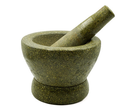 Stone Pestle And Mortar Isolated On White Background ,utensil In Thai Or Asian Kitchen