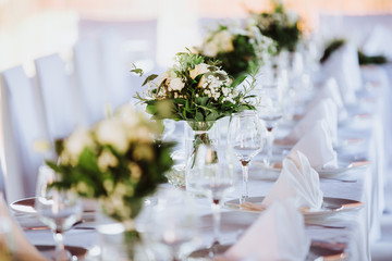 Restaurant Decorated with Flowers for the wedding dinner