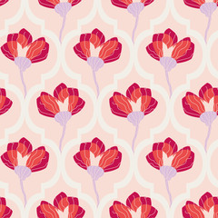Fototapeta na wymiar Graphic red flowers on pastel pink trellis ornament seamless vector pattern. Decorative boranical surface print design. Great for fabrics, stationery and packaing.