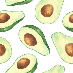 watercolor avocado seamless pattern. Isolated hand draw illustration