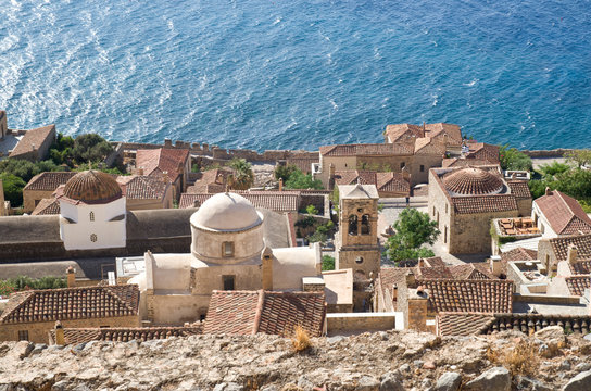 Top view of the ancient greek town Monemvasia in Greece