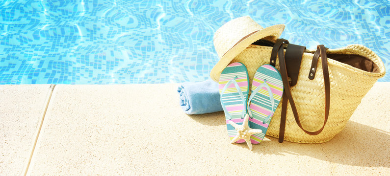 Summer accessories at the swim pool, Travel concept, Vacation time