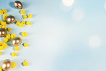 Blooming mimosa branches with easter eggs