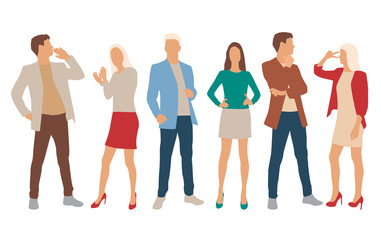 Fototapeta premium Set of men and women, different colors, cartoon character, group of silhouettes standing business people, flat icon design concept isolated on white background