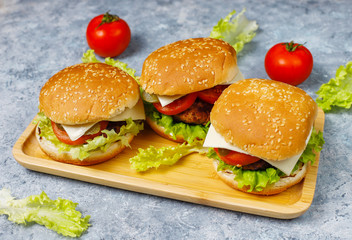 Delicious fresh homemade burgers on dark background