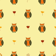 Seamless pattern with cute owls, flowers and twigs on a beige background. Colorful illustration. Suitable as packaging, print, fabric, paper vector