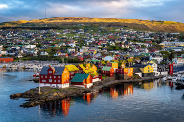 Sunrise scene of capital city Torshavn in Faroe Islands in North Atlantic. Urban scene of...