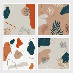 Collection of modern floral and abstract cards . Perfect for social media, branding, packaging. Minimal trendy style leaves and shapes. Vector illustartion
