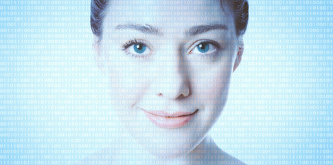 AI artificial intelligence or female programmer coder - binary computer code superimposed on face of woman