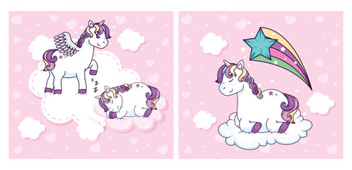 group of cute unicorns fantasy vector illustration design