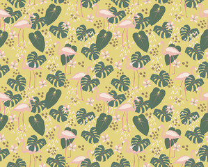 seamless floral pattern with flowers and flamingo bird.