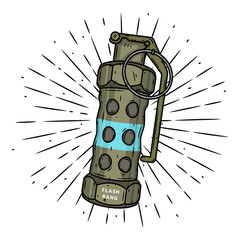 Flash Grenade. Hand drawn vector illustration with a grenade and divergent rays. Used for poster, banner, web, t-shirt print, bag print, badges, flyer, logo design and more.