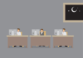 Working Overtime in Office at Night Cartoon Vector Illustration