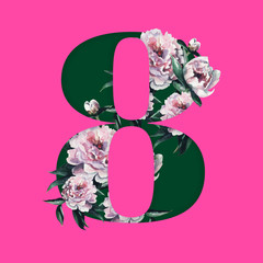 8 March International Women's Day greeting card template with peony  flowers