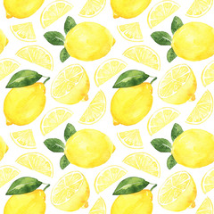 Motif harmonieux d& 39 aquarelle avec des citrons jaunes mûrs et des feuilles sur fond blanc. Illustration de tirage à la main isolée.