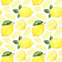 Papier Peint photo Lavable Citrons Motif harmonieux d& 39 aquarelle avec des citrons jaunes mûrs et des feuilles sur fond blanc. Illustration de tirage à la main isolée.