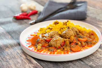 Kofta Tagine Moroccan Meatballs Served With Semolina and Vegetables