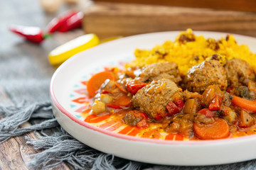 Kofta Tagine Moroccan Meatballs Served With Semolina and Vegetables