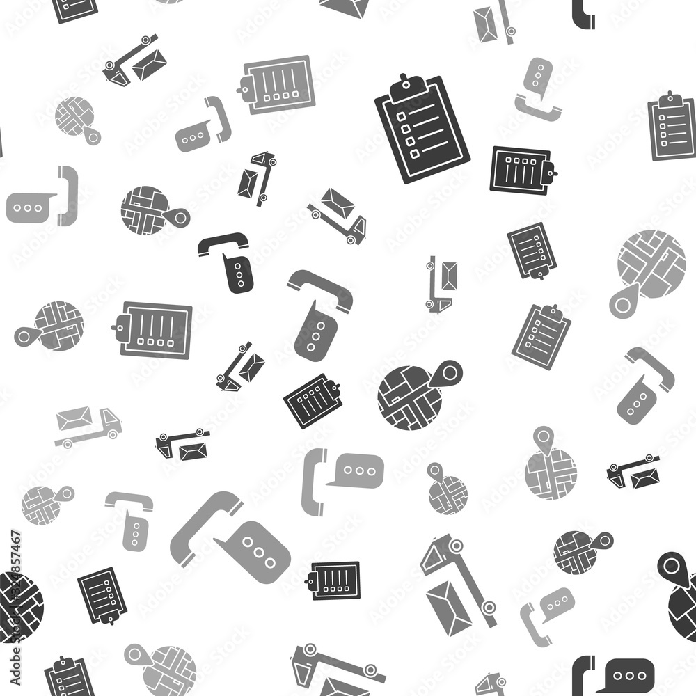 Poster Set Verification of delivery list clipboard , Post truck , Placeholder on map paper in perspective and Telephone with speech bubble chat on seamless pattern. Vector