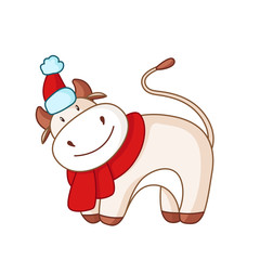 White cartoon ox, bull or cow in red winter scarf and hat - isolated kawaii cute character on white for calendar, poster, greeting card, 2021 symbol, cute farm animal - vector illustration