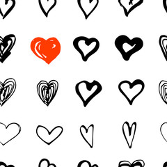 Hand drawn sketch style heart shapes seamless pattern. Vector illustration.