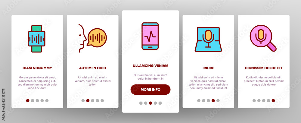 Poster voice control command onboarding icons set vector. laptop and smartphone, smart home and assistant v