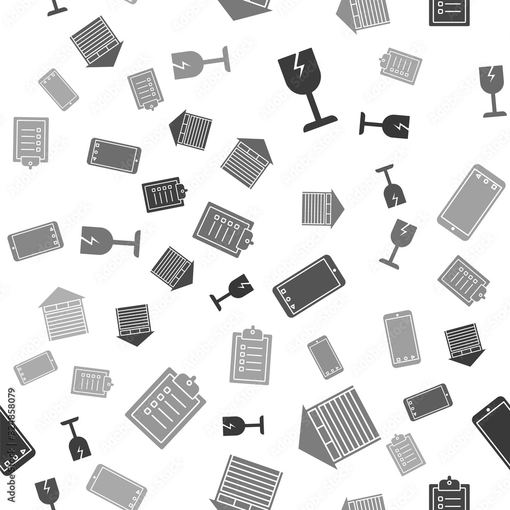 Poster Set Fragile broken glass symbol, Closed warehouse , Mobile phone with app delivery tracking and Verification of delivery list clipboard on seamless pattern. Vector