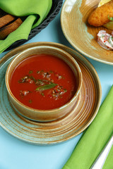 Traditional dishes of Eastern European cuisine. restaurant merviation on a blue background, a look from above