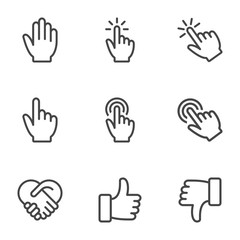 Obraz premium Hand gesture line icon set. Isolated vector illustration of human hands.