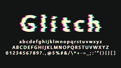 Trendy style distorted glitch typeface. Glitch font set with temporary malfunction or fault of equipment effcec Letters and numbers vector illustration