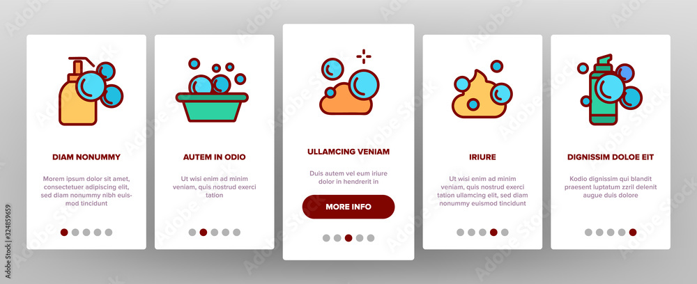 Poster soap bubbles and foam onboarding icons set vector. soap in bottle for wash hand, in bucket and in la
