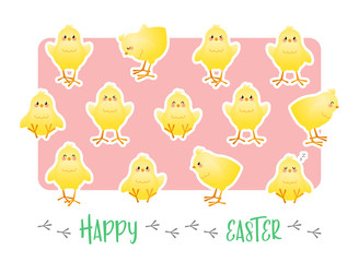 Happy Easter. Greeting card with stickers of cute chicks on a pink background. Vector illustration.