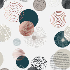 Seamless pattern with various round shapes and doodle. Neutral abstract contemporary design in minimalist style. Vector illustration