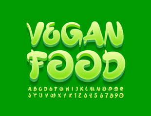 Vector bright logo Vegan Food. Green 3D Font. Creative playful Alphabet Letters and Numbers.