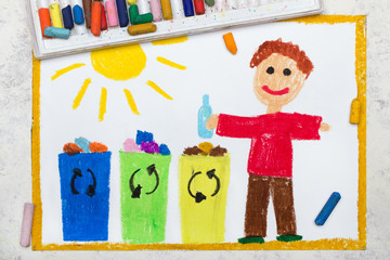 Photo of colorful drawing:  Waste separation. Smiling boy segregating their garbage to different...