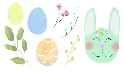 Set of Easter design elements. Eggs, floral, rabbit, flowers, branches.