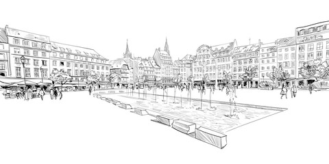 Kleber Square. Strasbourg. France. Hand drawn sketch. Vector illustration. - obrazy, fototapety, plakaty
