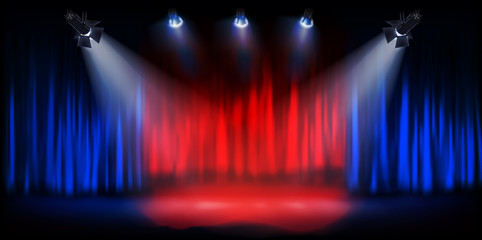 Show on the stage. Theater curtain before the performance. Spotlights on dark background. Vector illustration.