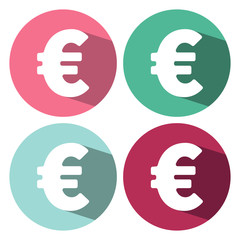 Euro sign icon. EUR currency symbol. Money label. Circle buttons with long shadow. 4 icons set. Vector