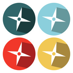 White Japanese ninja shuriken icon isolated with long shadow. Colours circle buttons. Vector Illustration