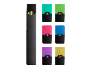 Usb vaping device with different colored and flavoured pods isolated on white background. To...