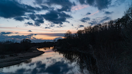 sunset and crowned crane on rever, nature, wildlife