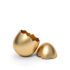 Metallic golden egg is broken on white background 3d rendering. 3d illustration luxury of easter...