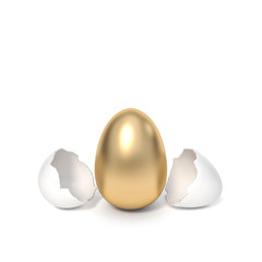 White eggshell broken into a golden egg on white background 3d rendering. 3d illustration rich and...