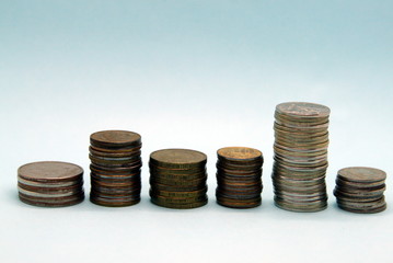 a series of several stacks of Russian rubles coins