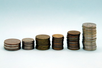 a series of several stacks of Russian rubles coins