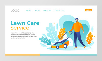 A male bearded gardener mows the grass with a lawn mower. Vector illustration, design concept of landing page for Yard care and lawn mowing services. A man trimming the lawn and grass.